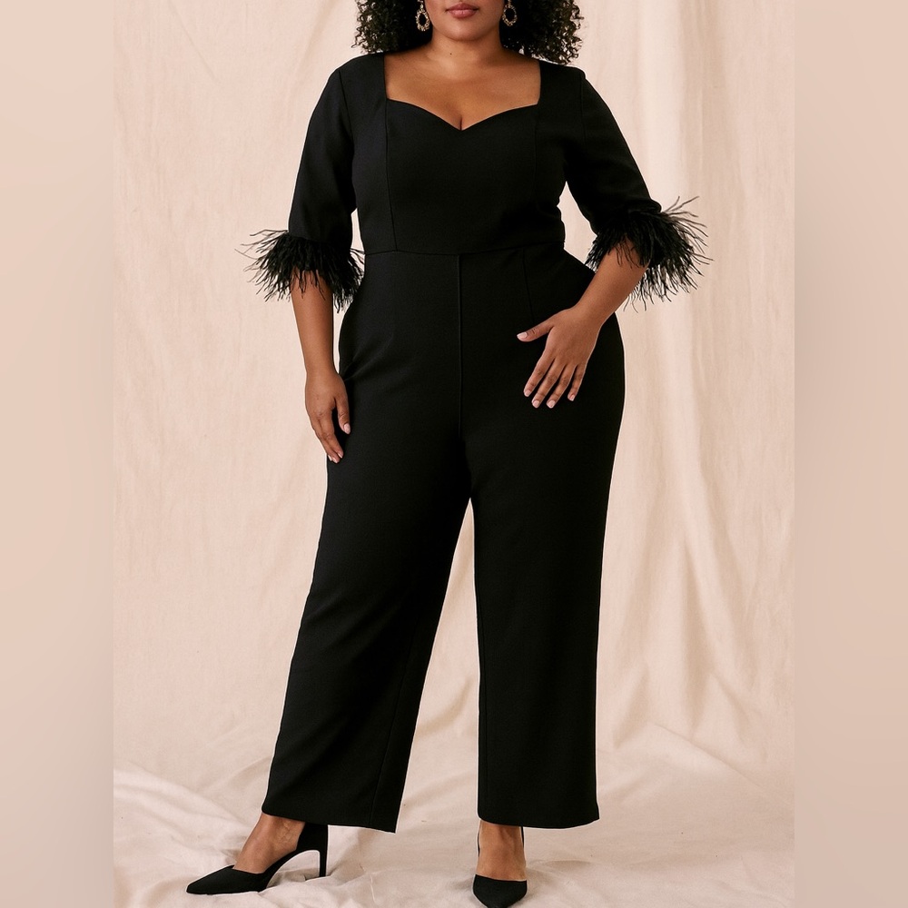 Feather-Trim 3/4‎ Sleeve Sweetheart Neckline Wide-Leg Jumpsuit Black Size 14 NWT